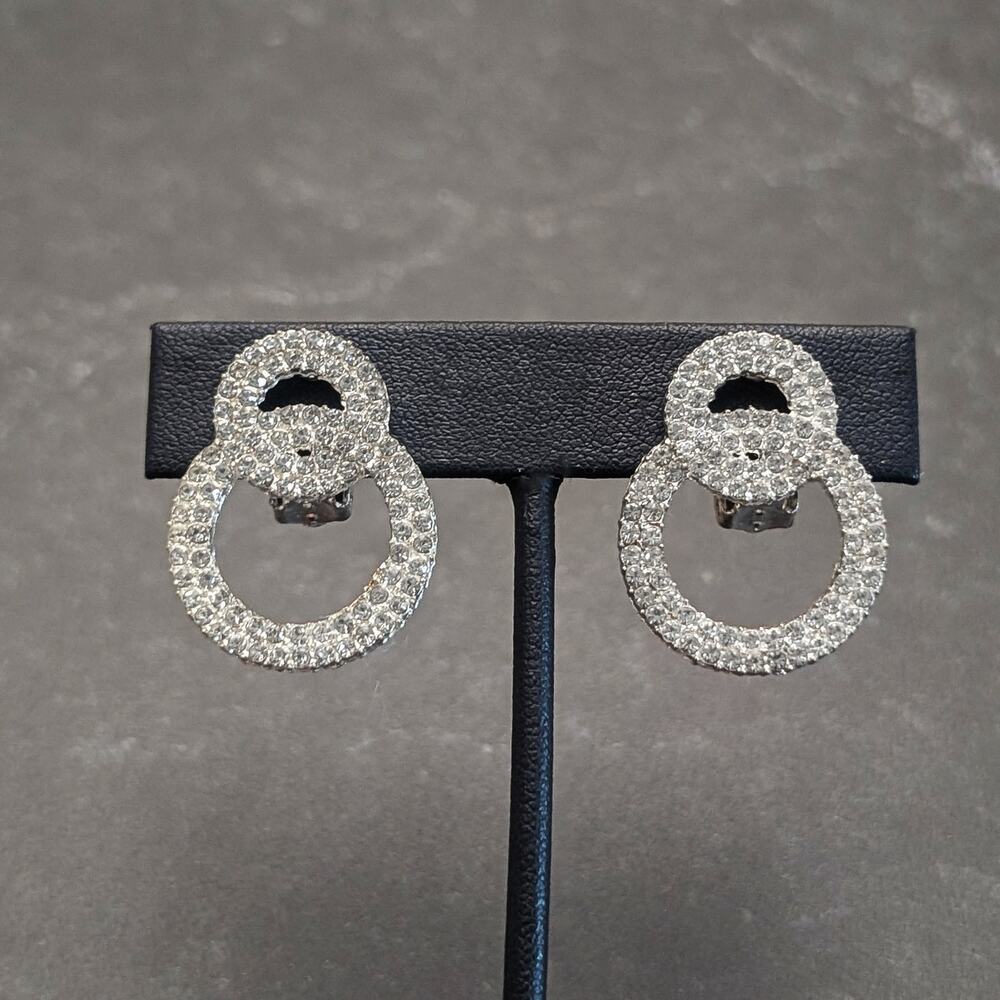 Vintage Clip On Earrings 1 & 1/8" Silver Tone & Clear Gem Two Rings